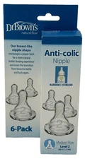 Dr. Brown’s 6 Count Natural Flow Anti-Colic Baby Nipple Level 2 Medium Flow, 3m+