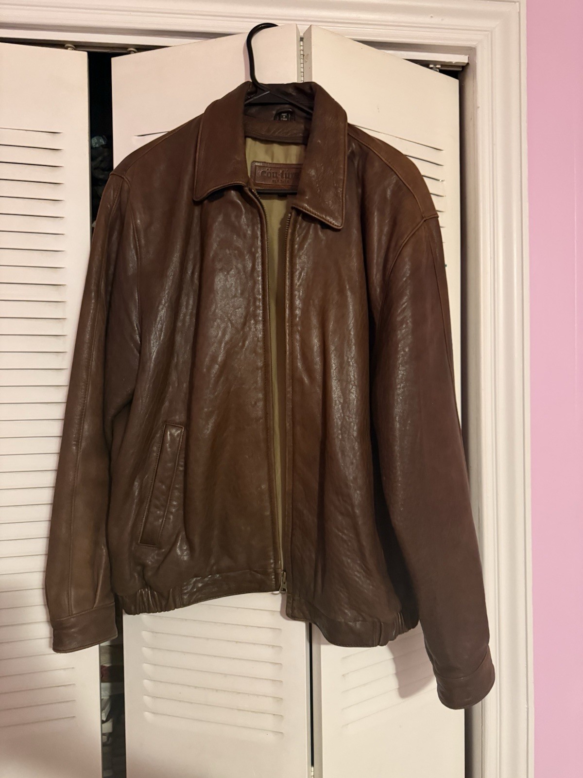 Cou•ture by J.park  Men's Brown Leather Bomber Jacket Zip Front Lined