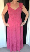 Mint Velvet Pink Maxi Dress with Gold Pattern and Ruffle Sleeves - Size XL