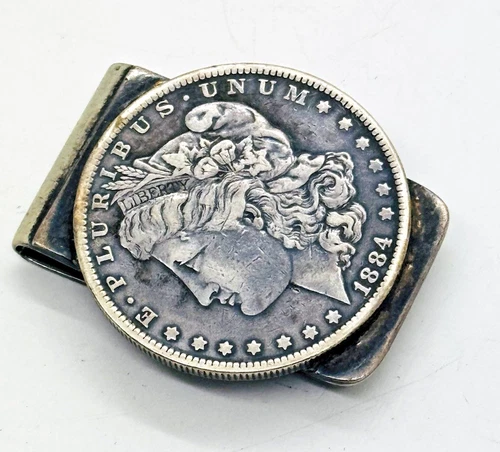 1884 Morgan Silver Dollar 90% - Sterling Silver Money Clip Vintage VERY NICE!