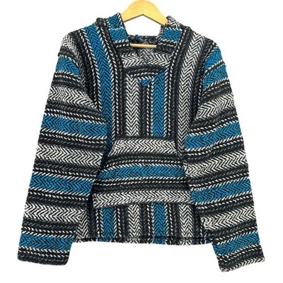 VTG 90s Baja Hoodie Drug Rug Handwoven Pullover Blanket Poncho Blue Black Hippie