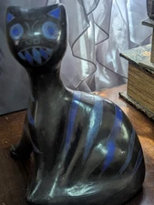 Vintage, Collectable, Barra Cat Sculpture By Manuel Felguerez, Blk clay W/blue.
