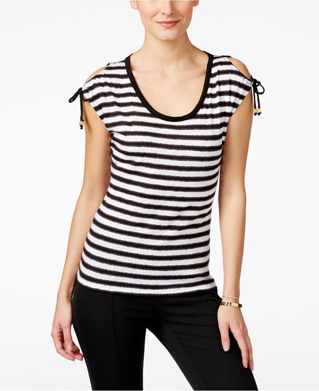 Michael Kors MICHAEL Cotto Logo Striped Cold-Shoulder Top Sz. M NWT