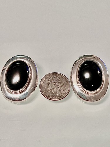 DESIGNER TD*POLISHED 925 SS~OVAL CABOCHON ONYX~ 1.5” CLIP EARRINGS~28 GRAMS NWOT - Picture 7 of 9