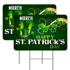 Happy St. Patricks Day 2 Pack Double-Sided Yard Signs 16" x 24" with Metal Stake