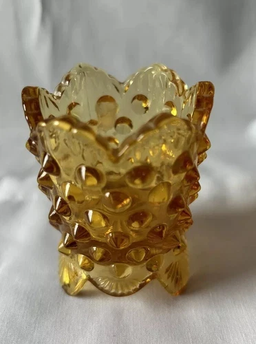 Vtg Fenton Amber Hobnail Toothpick Holder 3" Sawtooth Edge 3 Footed Base, Beauty