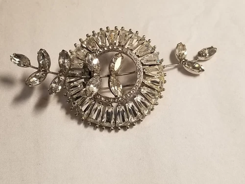 Vtg unsign eisenberg Original ? Brooch 3 1/2" Long Crystal Clear rhinestone #143
