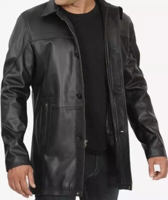Men's 3qtr Coat Button Closer Black Real Sheep Leather Jacket Coat Lamb Skin
