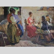 Old OIL Hand PAINTING/Folk Ukrainian Textile work Scene/ USSR Realism SIGNED