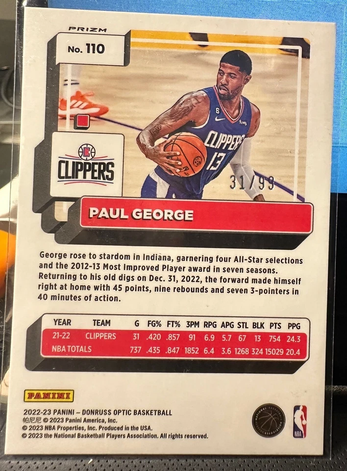 2022‑23 Panini Prizm Gold SSP 31/99 #110 Paul George Clippers Ungraded - image 2 of 2