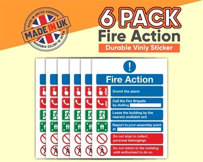 SEZ DESIGN 6pk Fire Action Notice Vinyl Sticker Sign 15 x 20cm Building Fire Safety