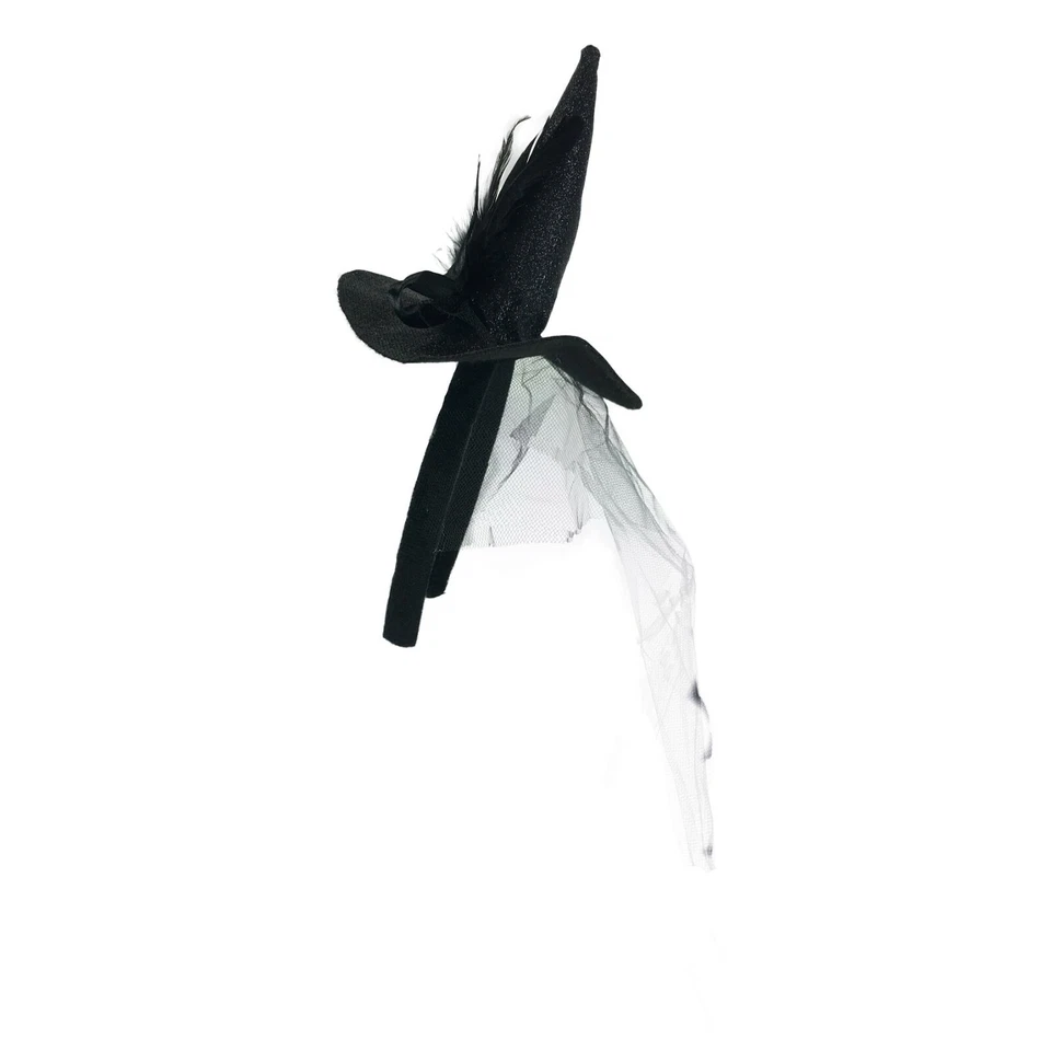 Mini diadema negra para sombrero de bruja con plumas, perlas de imitación y velo adjunto Foto 3 de 4