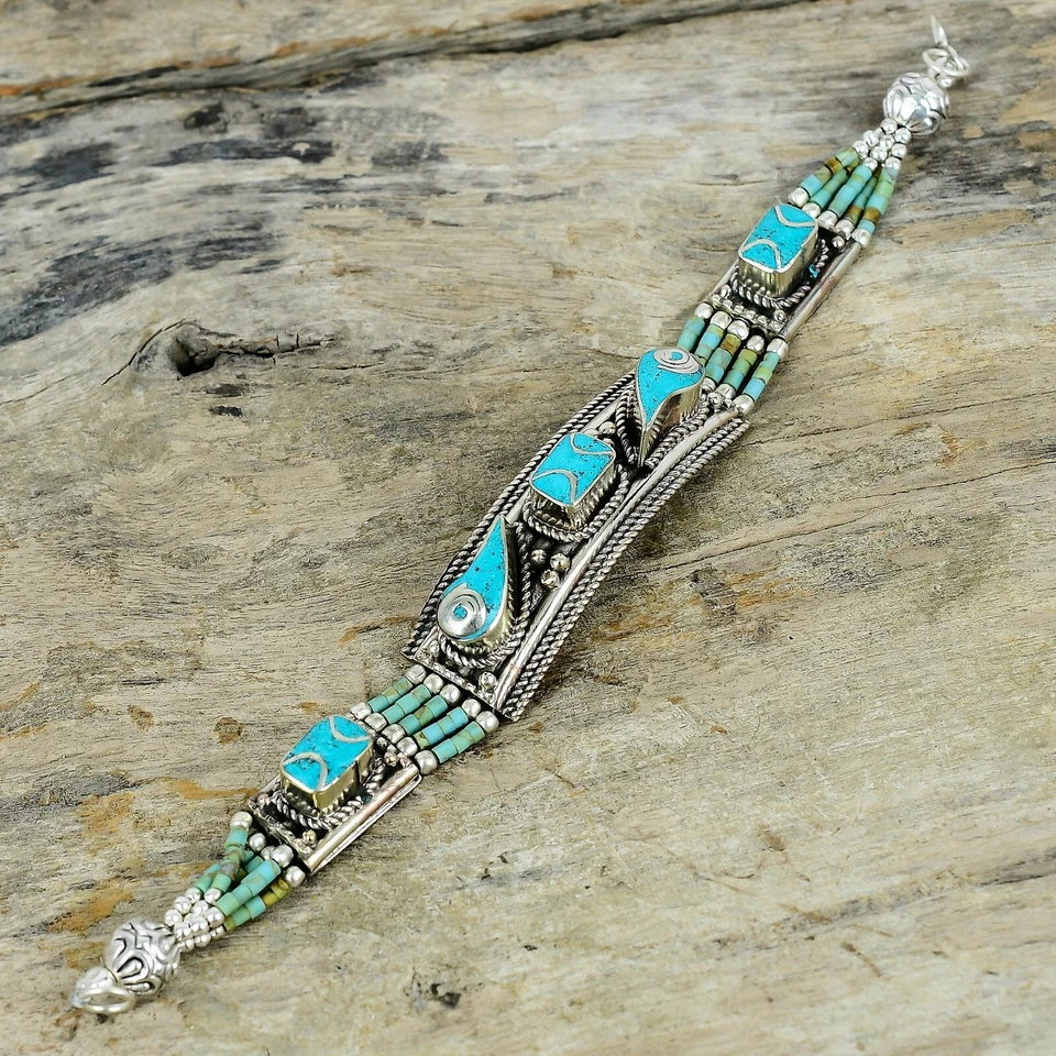 Antique Turquoise 925 Sterling Silver Tibetan Beads Bracelet, Nepali Jewelry - Image 3 of 4