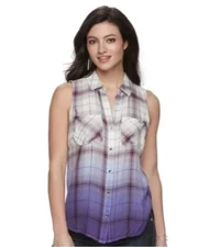 Kohl's Rock & Republic Purple Plaid Ombre 90s Button Up Sleeveless Shirt NWOT