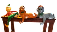 VTG Three Plastic Sun Hill Industries XMAS Shelf Sitters Elf, Dog & Cat Figures