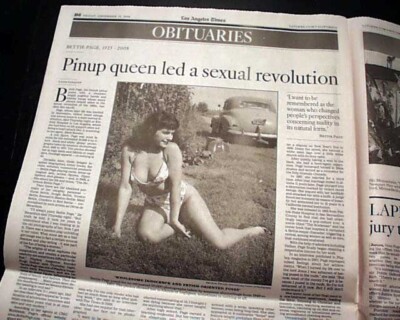 BETTIE PAGE Queen of the Pin-Up Girls Sex Symbol Model DEATH 2008 L.A. Newspaper