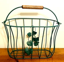 Farmhouse Green Metal Basket with Wood Handle 17 x 11 x 11