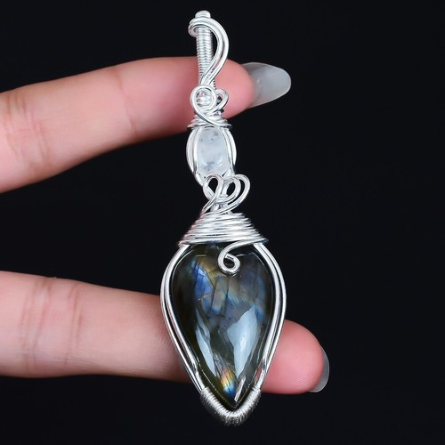Pendentif Labradorite Véritable - Monture Laiton Plaqué Or 14k - Collier Naturel - Marque Rose-Mimosa - Neuf