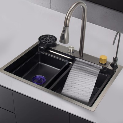 Stainless Steel Kitchen Sink with Waterfall Feature Pull-Out Faucet &Cup Washer