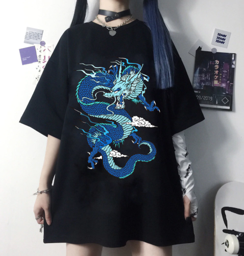 Chinese Dragon Print T-shirt Harajuku 