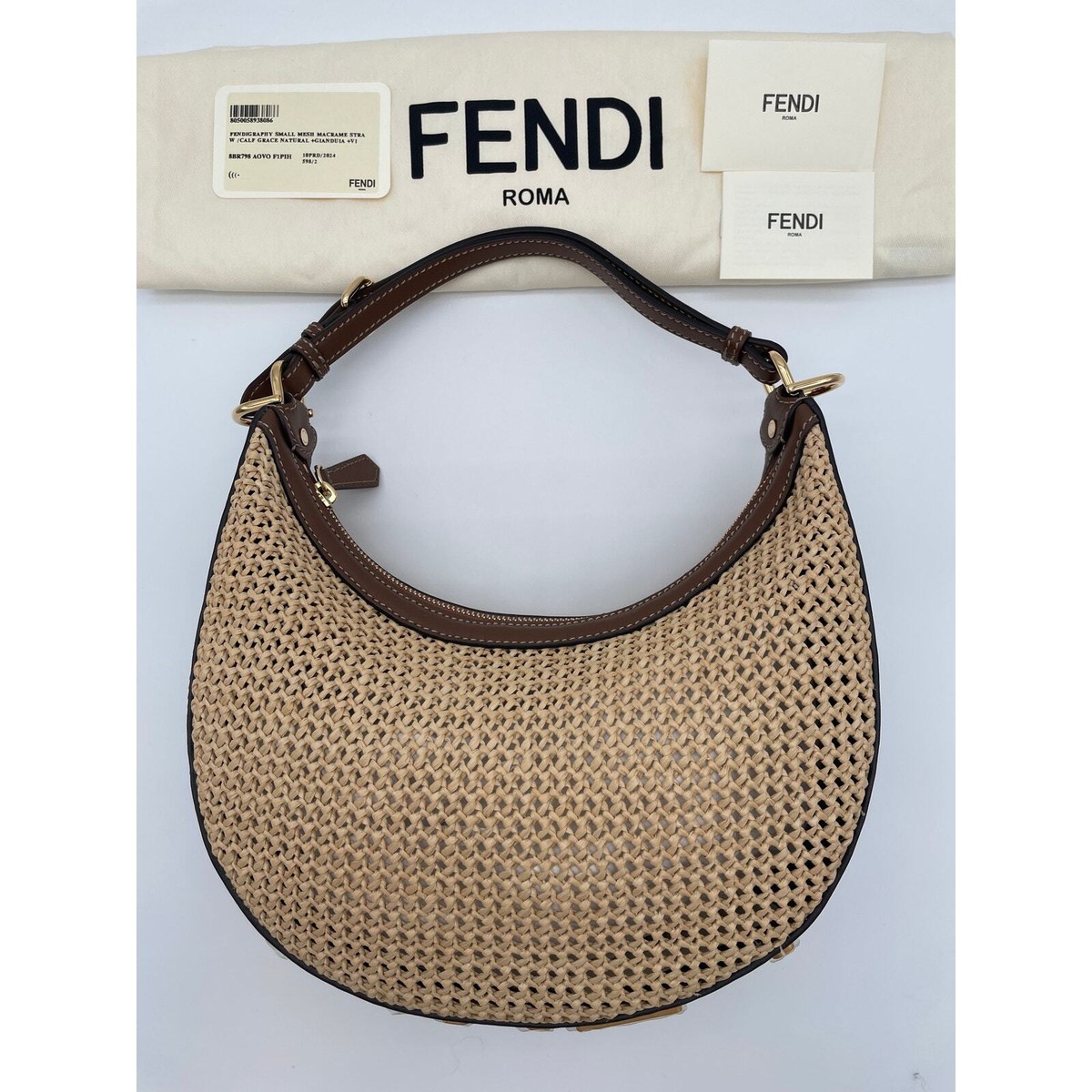 NEW FENDI FF FENDIGRAPHY SUMMER RAFFIA LEATHER SMALL HOBO