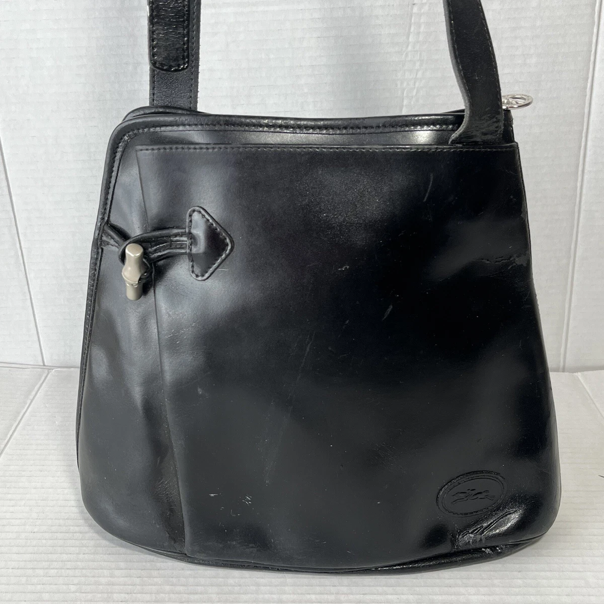 VINTAGE Longchamp Roseau Black Leather Shoulder Bag Zip 