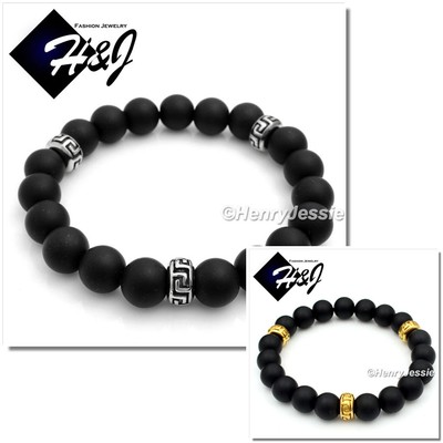 MEN Stainless Steel 10mm Black Onyx Bead Silver/Gold Plated Greek Key Bracelet
