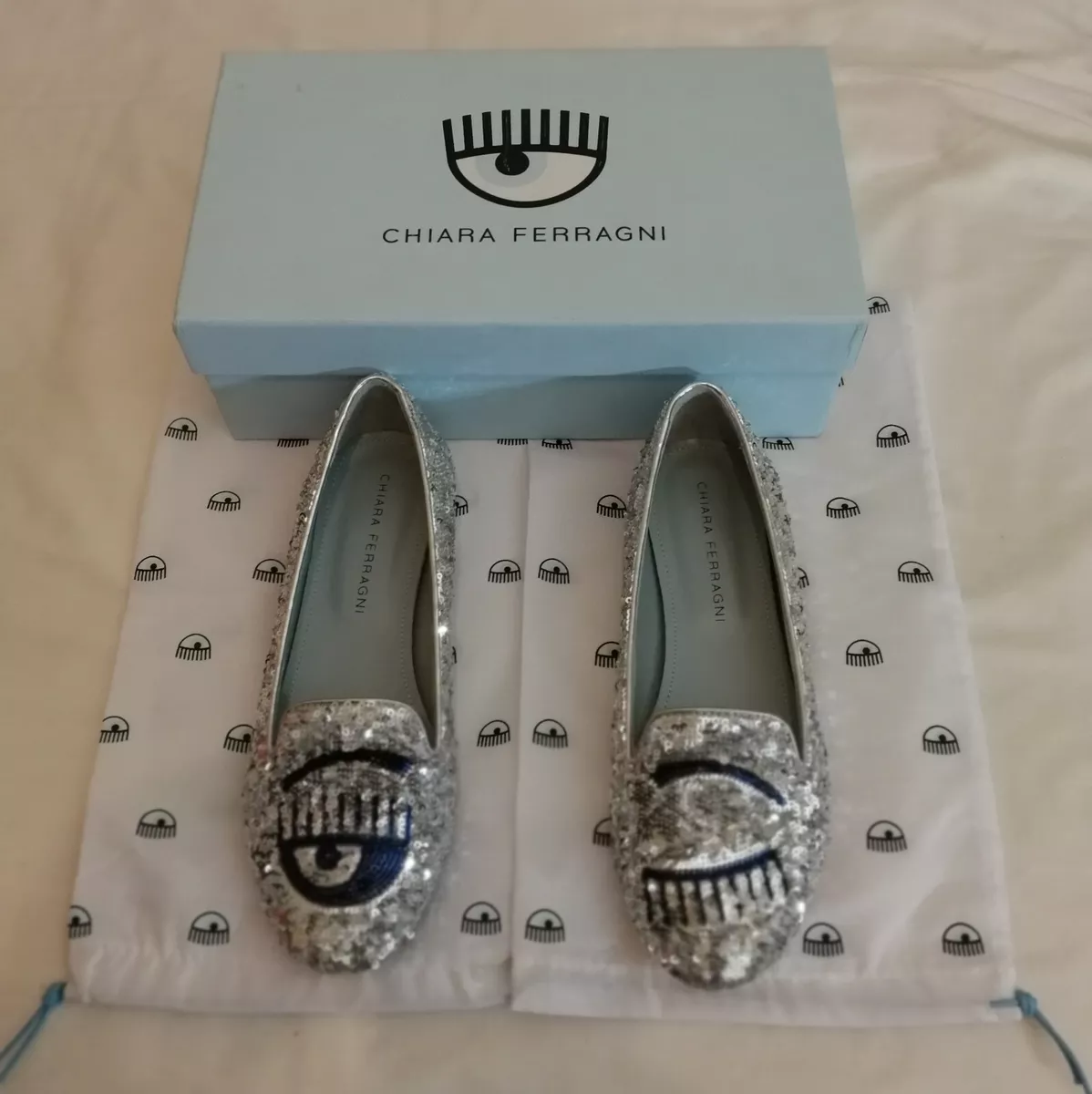 Chiara Ferragni Flirting Sequins Ballerina Flat Shoes Silver uk 4 eu 37