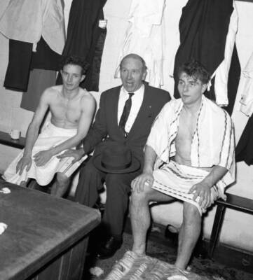 Manchester United manager Matt Busby with two of his players- 1957 Old Photo