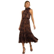 RIXO London Eleanor Leopard Burnout Chiffon Silk Halter Midi Dress Bow Neck S