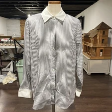 Talbots Shirt Womens Size 18W Gray & White Stripe Cotton Button Down Long Sleeve