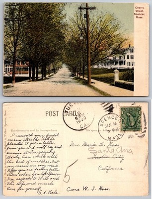 Cherry Street Spencer Mass Tree Lined Road Postcard
