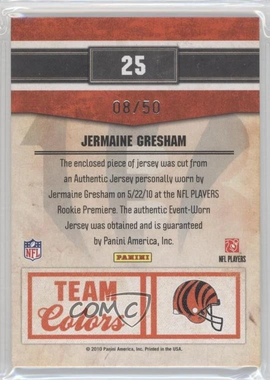 2010 Panini Classics Team Colors Materials Prime /50 Jermaine Gresham Rookie RC - Image 2 of 2