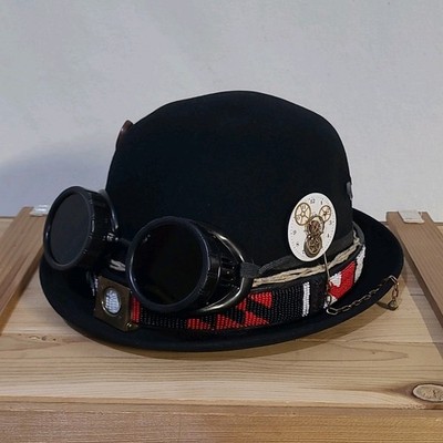 Knox Steampunk Bowler Hat Black Goggles, Beaded Native Band, etc...