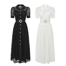 French Luxury Lace Hollow Out Dress Women Summer Single Breasted Slim Long Skirt