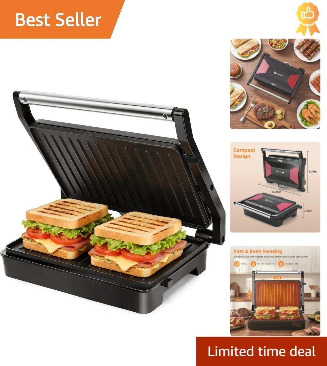 Sandwich Toaster Panini Press 1000W Non-Stick Grill for Toasties & Wraps