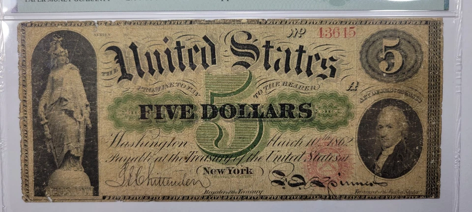 1862 $5 Legal Tender Five Dollars PMG VG10 No Comments Circulated Fr.61a *K630 - Image 2 of 4