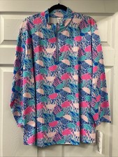 Lulu B 2X Quarter Zip Blue And Pink Long Sleeve Jellyfish Top Upf50