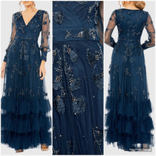 NWT MAC DUGGAL 9256 Mesh Long Sleeve V-Neck Tiered A Line Gown Blue 12