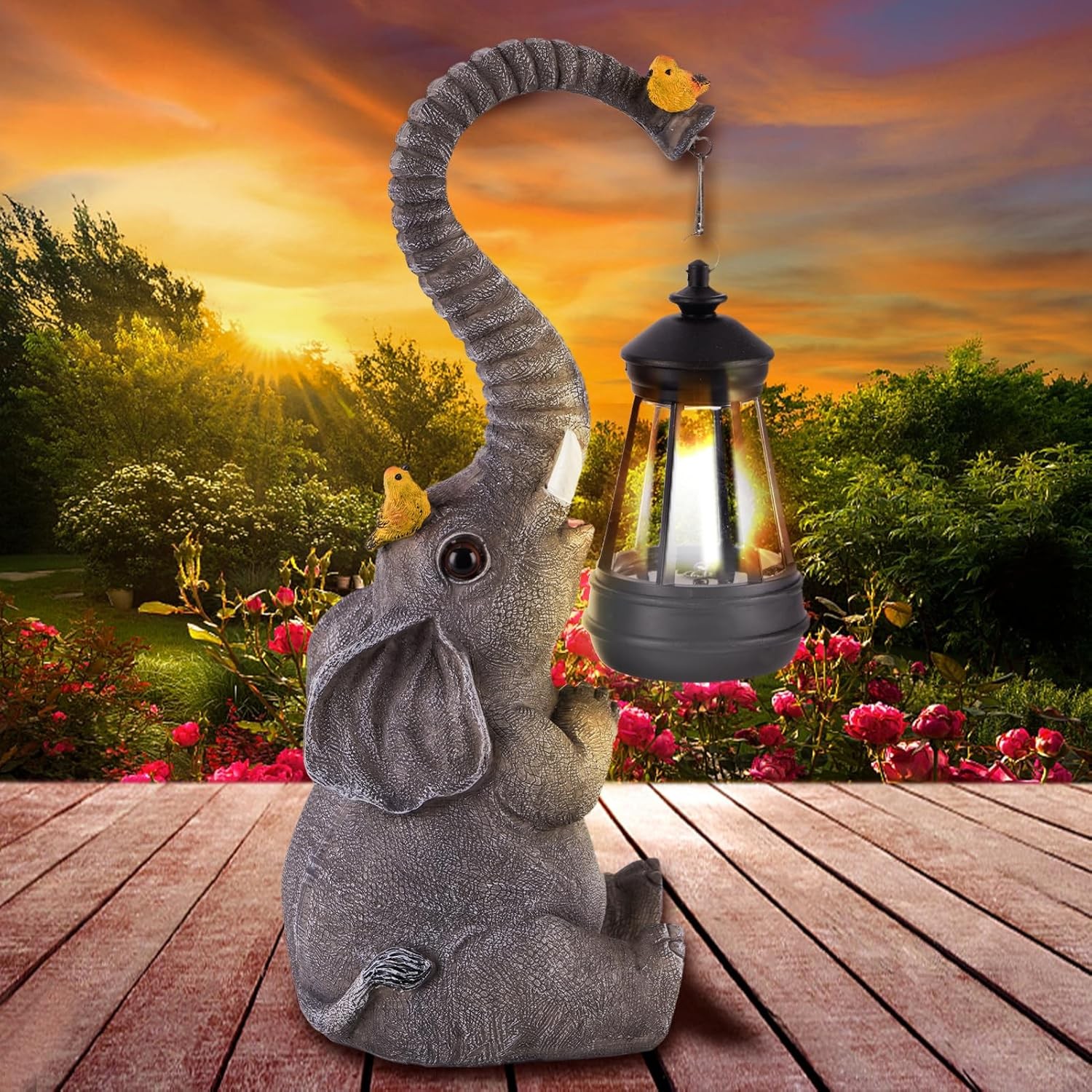 Solar-Powered Lucky Elephant Garden Statue with LED Lights for Outdoor Decor