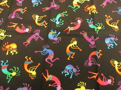 Fabric Dancing Kokopelli on Black Cotton TIMELESS TREASURES 19'' x 44'' Craft