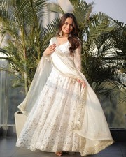 Heavy Faux Georgette White Gown Bottom With Dupatta For Women Function Wear