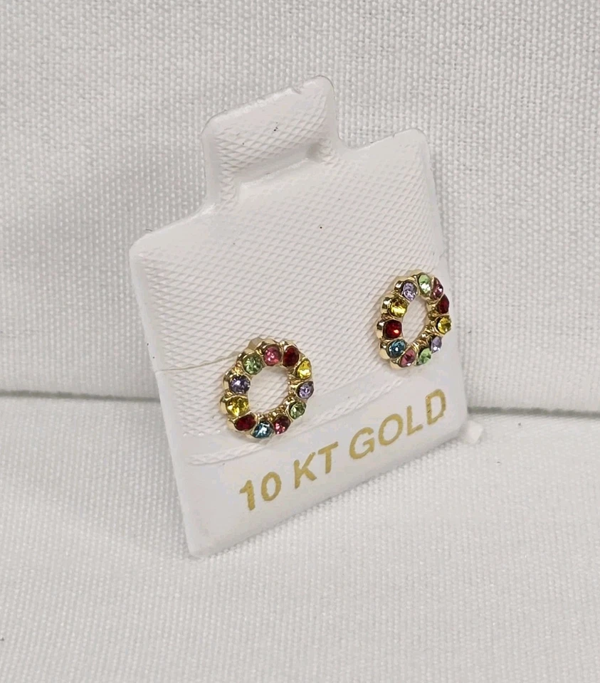 BROQUEL ORO 10K MEX. DONA Gold Earrings Donut CZ Stud Round Colorful Arete - Image 2 of 4