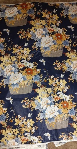 17+ Yards Jay Yang Woodco Navy Floral Basket Screen Print Cotton Fabric Vintage - product listing photo