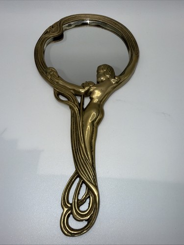 Vintage Early 1900's Art Nouveau Female Figure Brass Hand Mirror