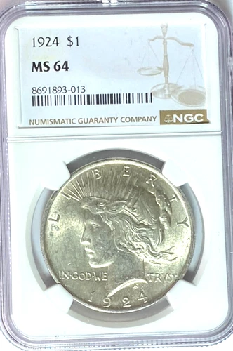 1924 $1 Peace Silver One Dollar US NGC MS64