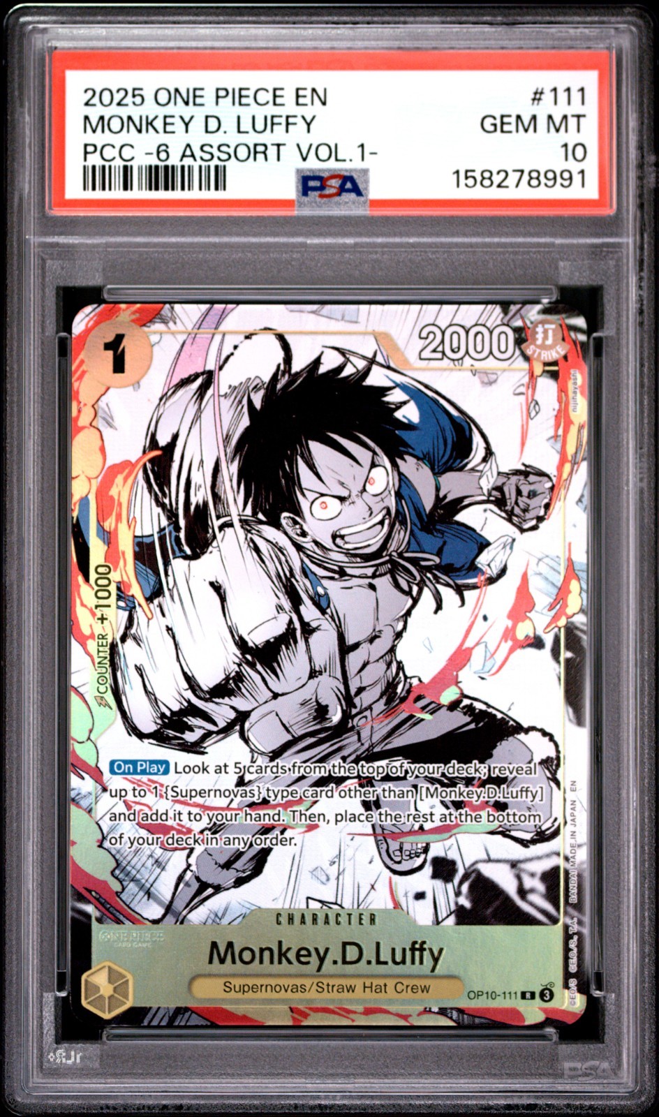 One Piece EN Monkey D Luffy PCC 6 Assort Vol. 1 Volume #111 PSA 10 GEM MINT
