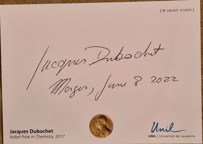 Jacques Dubochet - Nobelpreis für Chemie signierte eigene Visitenkarte.  AFTAL COA