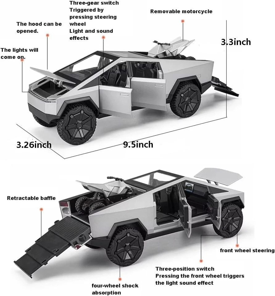 1/24 Tesla Alloy Toy Truck Model Diecast Metal Off-Road Car & Small Motorcycle - Image 3 of 4