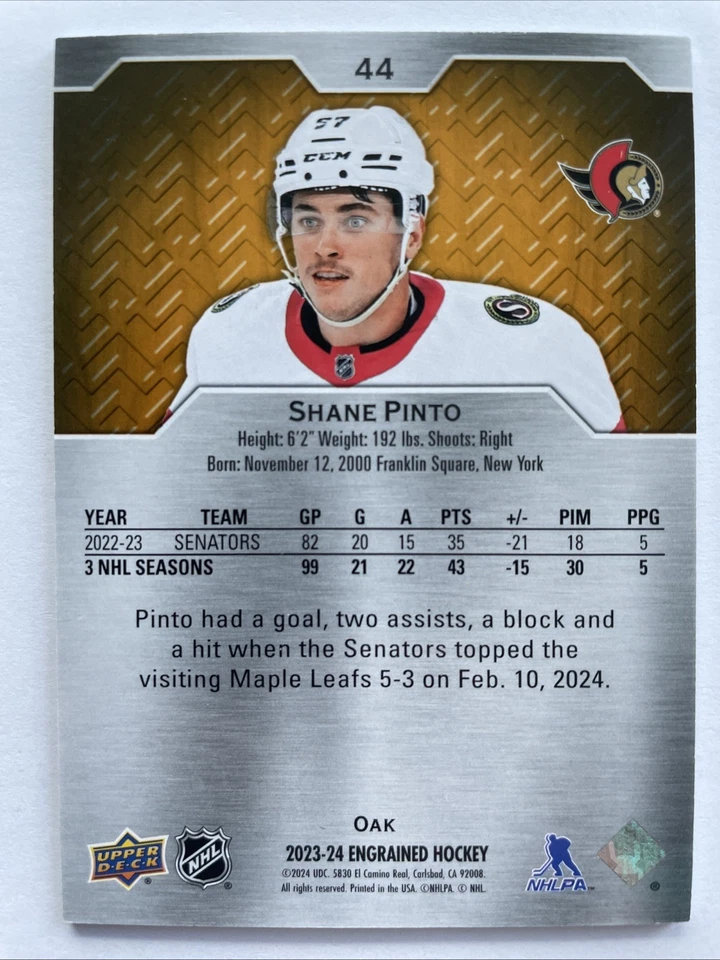 2023-24 Upper Deck Engrained Oak Shane Pinto /349 #44 Ottawa Senators Card - Image 2 of 3